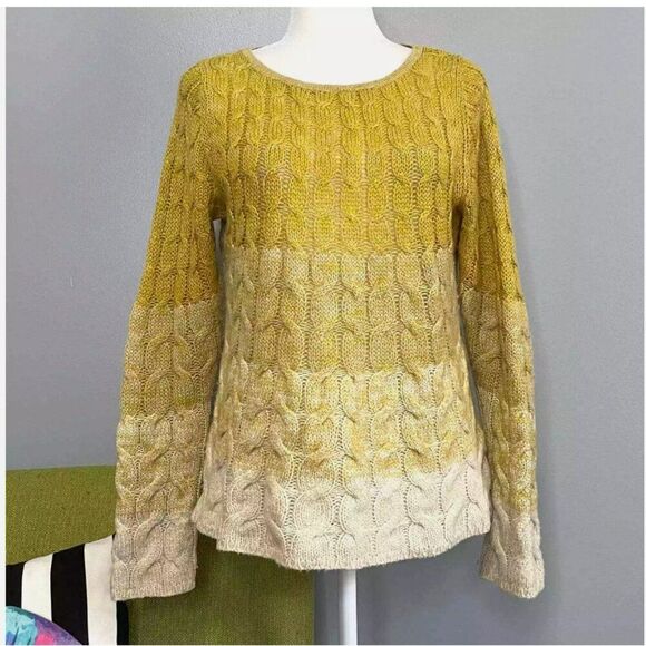 Anthropologie Sparrow Ombre Cable Knit Crewneck Sweater Size Small Yellow Green - Picture 2 of 12